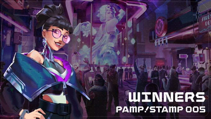 An illustration of a smiling woman with glasses and a bow in her hair against a cyberpunk cityscape, with text reading 'WINNERS PAMP/STAMP 005'.