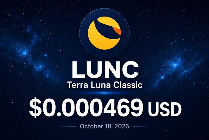 A cryptocurrency price display showing 'LUNC Terra Luna Classic' priced at '$0.000469 USD' dated October 18, 2026, set against a starry space background.