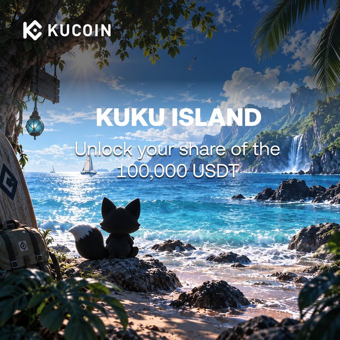 A KuCoin promotional graphic for 'KUKU ISLAND' offering to 'Unlock your share of the 100,000 USDT', featuring an illustrated fox character looking out at a tropical beach with sailboats and waterfalls.