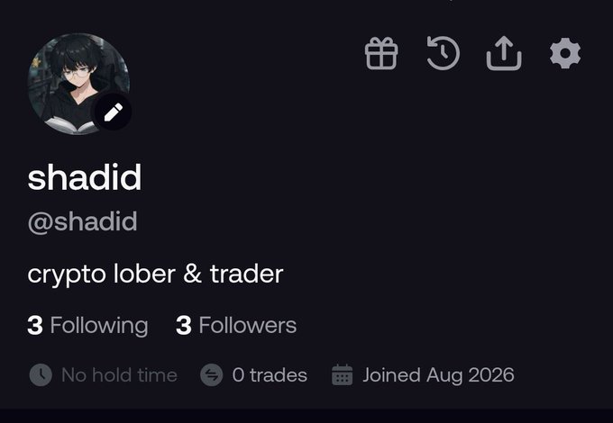 A dark-themed social media profile for "shadid (@shadid)" describing themselves as a "crypto lober & trader" with 3 following, 3 followers, 0 trades, and joined Aug 2026.
