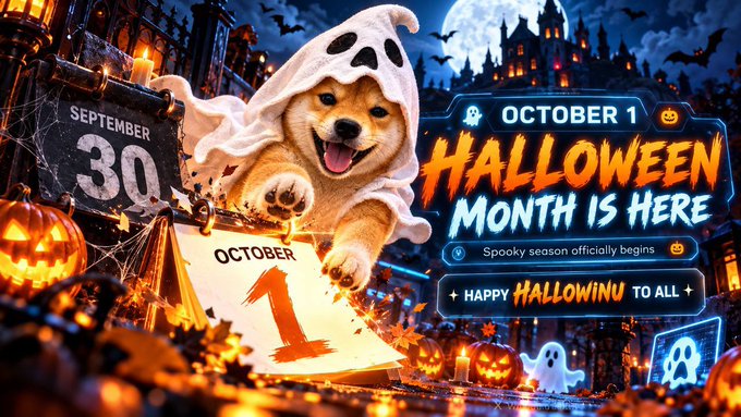 A Halloween-themed graphic featuring a corgi in a ghost sheet between calendar pages showing September 30 and October 1, with text reading 'OCTOBER 1 HALLOWEEN MONTH IS HERE - Spooky season officially begins - HAPPY HALLOWINU TO ALL'.