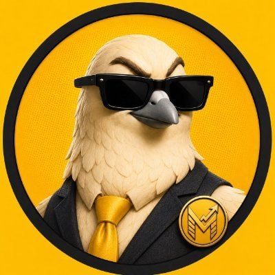 This image features a stylized cartoon bird wearing sunglasses and a suit, with a yellow tie and a badge displaying the letters "M" and an upward-trending arrow, representing the "Stock Memes" project by @MEMESTOCKS_ETF.