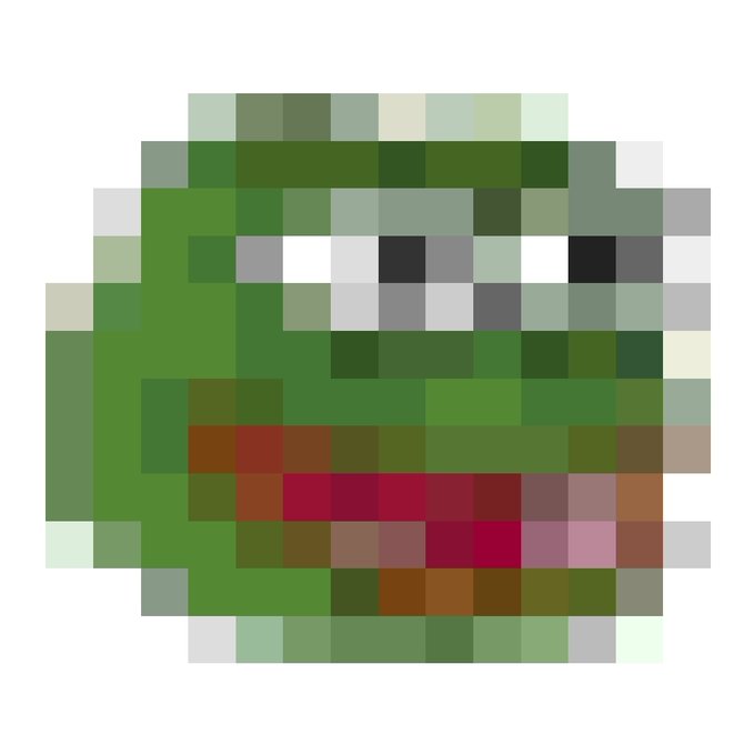 Pixel art rendering of a green frog-like character wearing glasses with a red mouth on a white background.