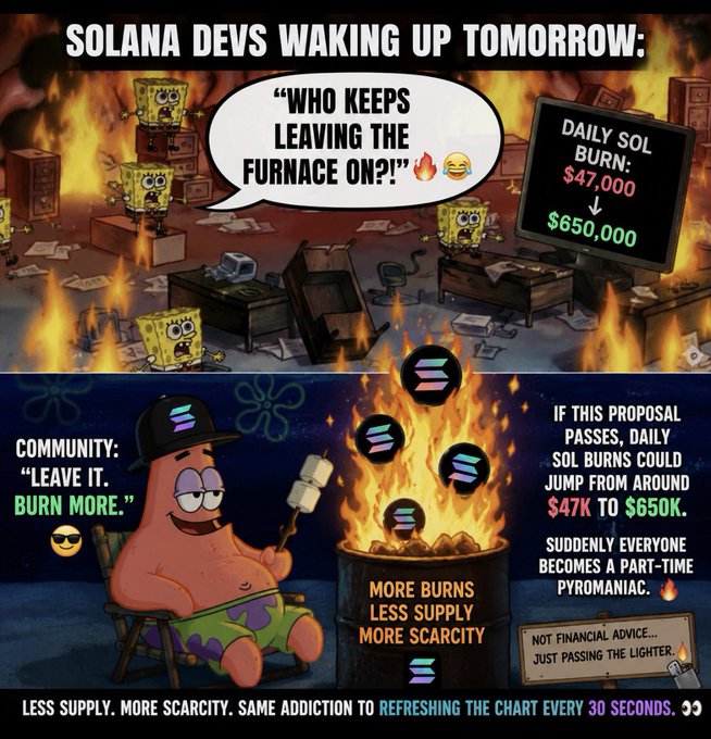 A two-panel meme contrasts panicked SpongeBob characters surrounded by flames (representing Solana devs reacting to burning tokens) with a relaxed Patrick roasting Solana coins ("SOL") over a fire, alongside a chart showing daily SOL burns could rise from $47,000 to $650,000 if a new burn proposal passes. The text promotes increased token burning as beneficial for supply and scarcity, poking fun at the crypto community's enthusiasm for deflationary mechanics.