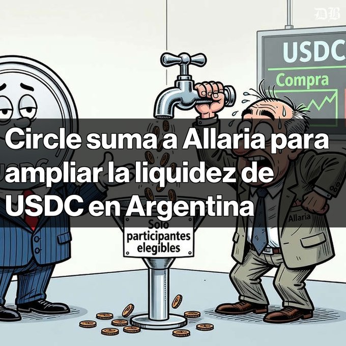 A Spanish-language graphic about Circle and Allaria reads: “Circle suma a Allaria para ampliar la liquidez de USDC en Argentina,” with “Solo participantes elegibles” visible.