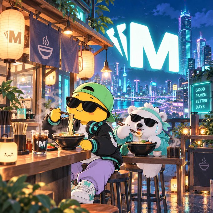 A vibrant anime-style illustration of a yellow emoji character in a green cap and sunglasses eating ramen alongside a white bear character also wearing sunglasses, set against a neon-lit cityscape with 'KIM' signage and 'GOOD RAMEN BETTER DAYS' text.