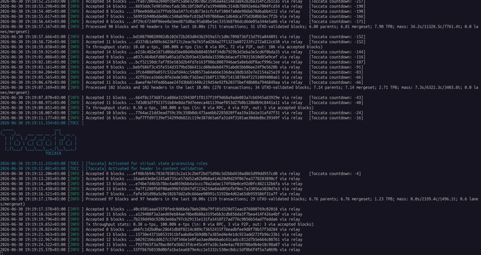 The image shows a Kaspa network relay log displaying the acceptance of blocks and activation of virtual state processing roles, including the first covenant transaction ("#krc-20") on Kaspa Mainnet as highlighted in the log. It visually documents the historic moment when UTXO-validated blocks transitioned to covenant support, marking the referenced milestone.