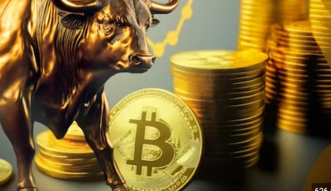 A golden bull statue stands beside stacks of gold coins and a Bitcoin coin, symbolizing bullish financial markets and cryptocurrency.