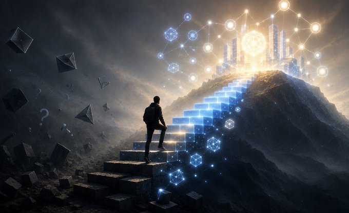 A lone figure with a backpack climbs a luminous staircase of glowing cubes toward a futuristic cityscape and interconnected nodes, while dark question marks and geometric shapes float in the shadowed side—visually echoing the message that crypto success comes from curiosity and continuous learning rather than complete knowledge, as the ascending path represents the journey of those who keep questioning, studying, and adapting.