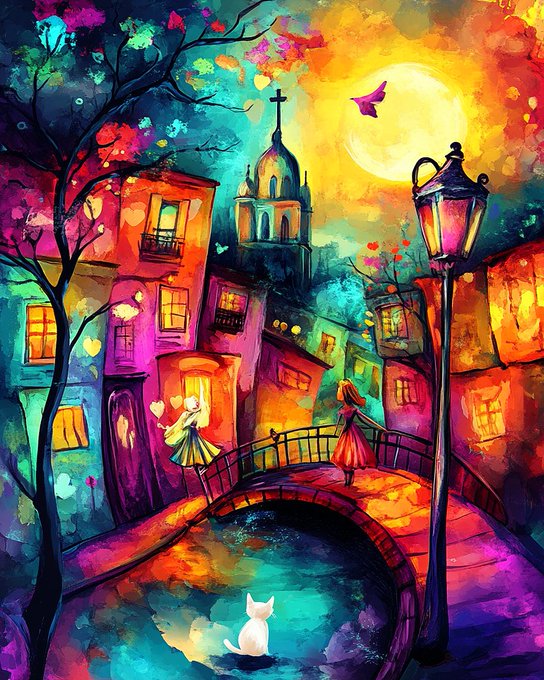 A vibrant, colorful painting depicting two girls on a bridge over water in a whimsical European-style village at night, with a glowing moon, a church tower, and a lamppost.