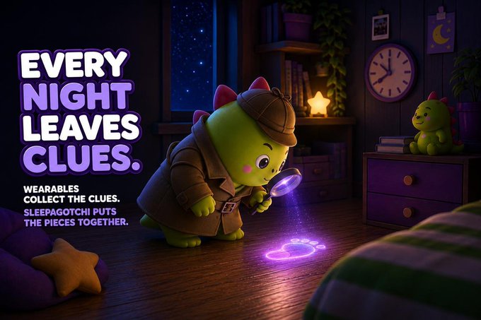 A digital illustration features a green dinosaur-like character dressed as a detective with a magnifying glass in a bedroom setting, accompanied by the text 'EVERY NIGHT LEAVES CLUES.' and 'WEARABLES COLLECT THE CLUES. SLEEPAGOTCHI PUTS THE PIECES TOGETHER.'