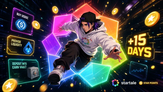 A promotional graphic for 'Startale' featuring an anime-style character in a hoodie surrounded by neon panels advertising 'BUY USDC', 'PROVIDE LIQUIDITY', 'DEPOSIT INTO EARN VAULT', and '+15 DAYS' with Star Points rewards.
