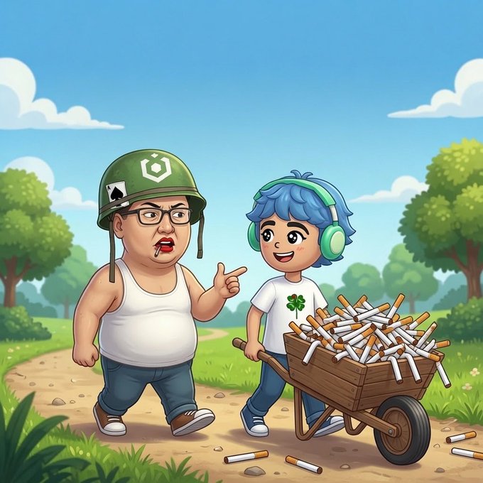 A cartoon depicts a stern-looking man in a military helmet yelling at a cheerful blue-haired character who is pushing a wheelbarrow overflowing with cigarettes. The scene humorously relates to the post about starting an internship at @unctiongourbit, suggesting a tough first day on the job.