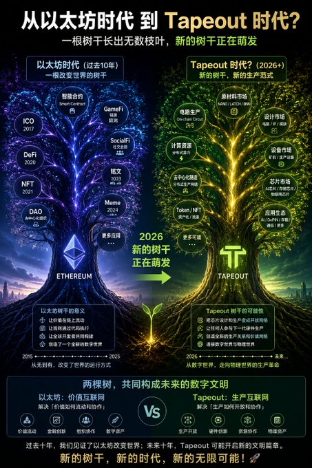 A Chinese infographic comparing Ethereum era (2015-2025) to Tapeout era (2026+), showing tree diagrams with technologies like DeFi, NFT, AI, and Blockchain, with text '从以太坊时代到 Tapeout 时代?' at the top.