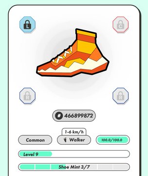 A digital shoe/avatar customization app screen displaying a sneaker NFT with ID 466899872, Level 9, Common rarity, Walker type, 1-6 km/h speed, and 100.0/100.0 stats.