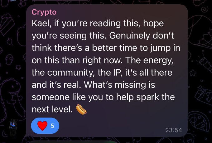 A screenshot of a Telegram message in a group named 'Crypto' addressed to 'Kael,' urging them to join a project, which received 5 reactions and was sent at 23:54.