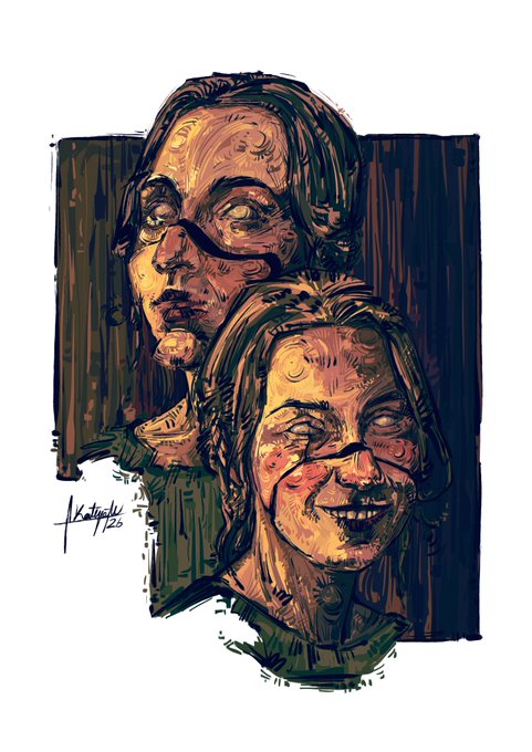 An illustrated portrait sketch signed 'fkelvinkhalil 2026' depicting a stern woman and a smiling child rendered in warm orange and green tones.