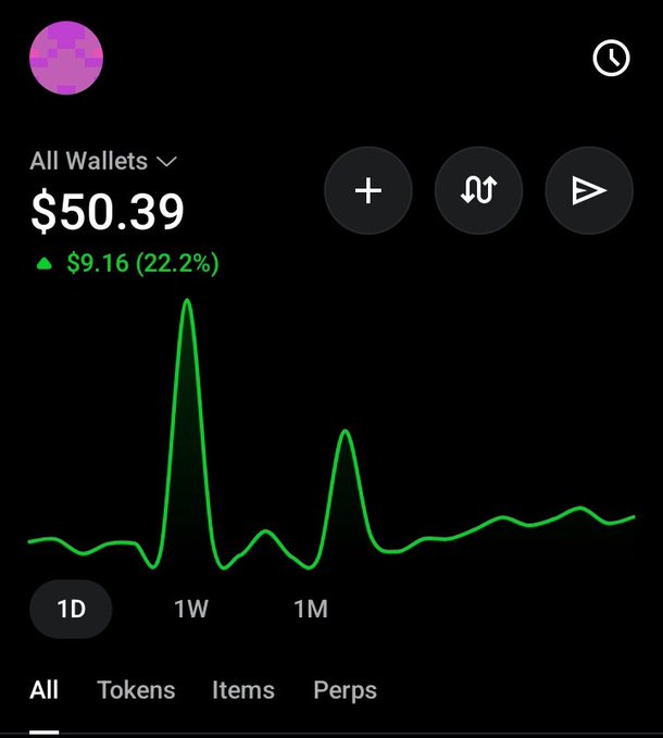 A cryptocurrency wallet app screenshot displays a total balance of $50.39 with a 22.2% gain and a green price chart.