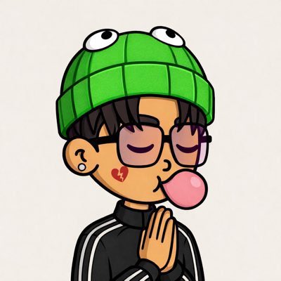 A cartoon-style illustration of a character wearing a green beanie with eyes on top and glasses, making a playful face with their tongue sticking out and hands pressed together.