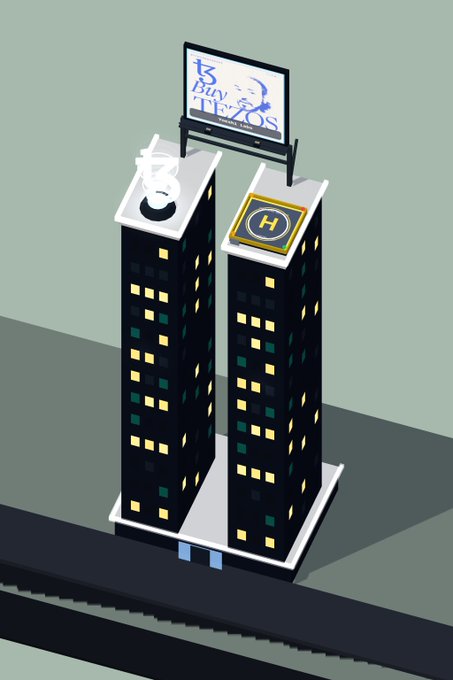 Isometric 3D illustration of two tall dark buildings with windows; one roof has a 'BUY TAZOS' billboard and the other has an 'H' helipad.