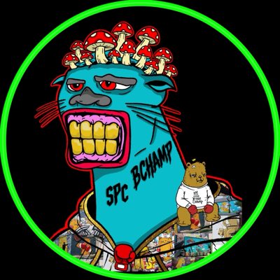 A psychedelic illustration featuring a blue panther-like creature with an open mouth full of yellow teeth, mushrooms growing from its head, and the text 'SPC BCHAMP' on its body.