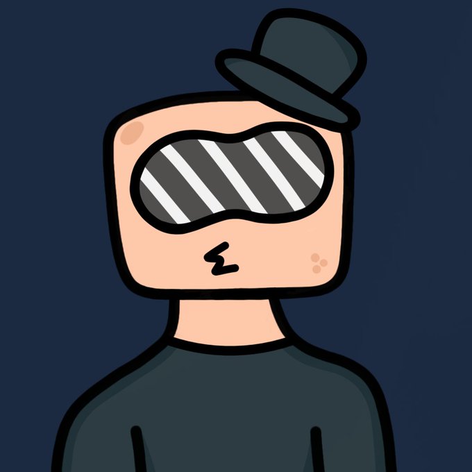 Cartoon avatar of a character with a square pink head wearing a dark blue hat and large striped sunglasses, puckering lips, set against a dark blue background.