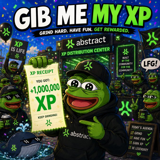 A colorful cartoon-style promotional graphic featuring Pepe the Frog characters with text reading 'GIB ME MY XP', 'abstract', 'GRIND HARD. HAVE FUN. GET REWARDED.', and a '+1,000,000 XP RECEIPT'.