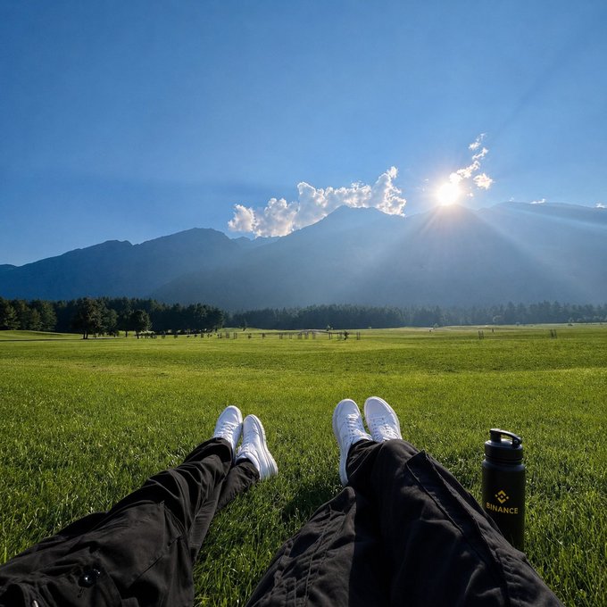 Two people relax on a lush green field with white sneakers stretched out toward a mountain range, where the sun bursts through the clouds—a perfect response to "How's it?" with a vibe of peaceful, scenic "living." A black water bottle bearing the "BINANCE" logo sits on the grass between them.