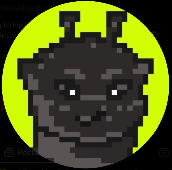 A pixel art image of a dark, horned character with white eyes set against a bright green circular background.