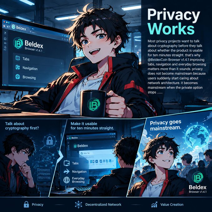 A promotional graphic for 'Beldex Browser v1.4.1' titled 'Privacy Works,' featuring an anime-style male character holding a Beldex mug, alongside text emphasizing that privacy becomes mainstream when private browsing is usable for ten minutes straight.