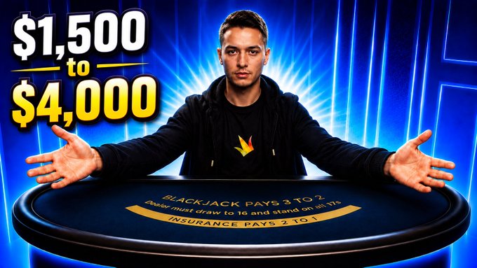 A man sits behind a blackjack table with arms spread wide, beneath yellow text reading "$1,500 to $4,000," promoting a YouTube video giveaway tied to a Stake.us entry requirement.