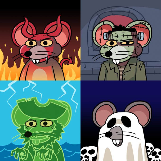 Four cartoon mice characters in themed styles: a devil mouse surrounded by flames (top left), a Frankenstein mouse (top right), a green glowing ghost mouse with lightning (bottom left), and a ghost mouse with skulls (bottom right).