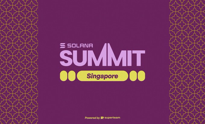 A promotional graphic for the 'SOLANA SUMMIT Singapore' event with purple and yellow text on a patterned purple background, powered by superteam.