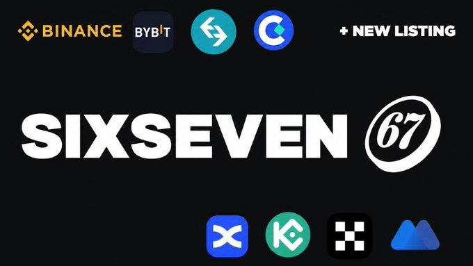 A promotional graphic for the 'SIXSEVEN 67' token, highlighting a '+ NEW LISTING' on cryptocurrency exchanges including Binance, Bybit, and others shown by their logos.