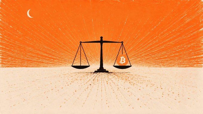 A stylized illustration of a balance scale with a Bitcoin symbol on one side against an orange sunburst background with a crescent moon.