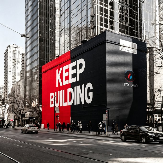 A bold red and black billboard on a city building displays "KEEP BUILDING" alongside the "HTX DAO" logo, visually reinforcing the post's message of ongoing construction and community building with the #HTXDAO hashtag.