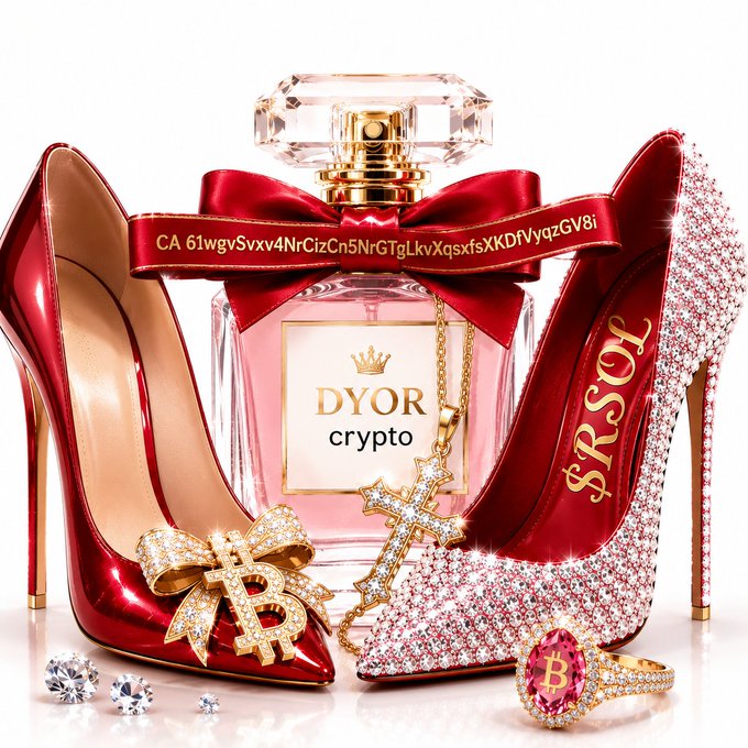 An advertisement-style image featuring a pink "DYOR crypto" perfume bottle flanked by two red high heels, one with a Bitcoin bow and the other covered in rhinestones with "$RSOL" on the sole.