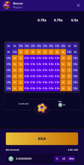 The image shows a "Soccer Biggerz" betting game on a mobile gambling app, featuring a grid of multipliers with values like 0.5x, 1x, 1.5x, and 2x, where the player won 2.5 USDT on a 4.99 USD bet. The "Klick" button and "Won" indicator with 2.5 USDT visible at the bottom correspond to the user's small win mentioned in the caption.