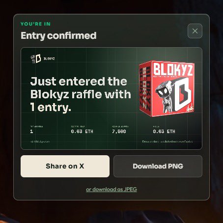 A "Entry confirmed" notification from Blokyz raffle shows the user "Ukj1111" entered with 1 entry at 0.63 ETH, with the raffle having raised 7,680 ETH total, matching the post celebrating the single raffle ticket entry in the gBlockyz competition.