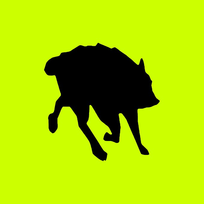 A black silhouette of a running bison or buffalo is set against a solid yellow-green background.
