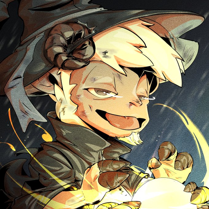 An anime-style illustration of a character with blonde hair, mischievous smile, and a pointed hat with ram horns, wearing dark clothing and holding what appears to be a glowing orb.