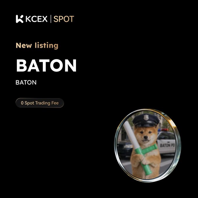 KCEX Spot exchange listing announcement for new token 'BATON' featuring a meme coin image of a Shiba Inu dressed as a police officer holding a baton, offering 0% spot trading fees.
