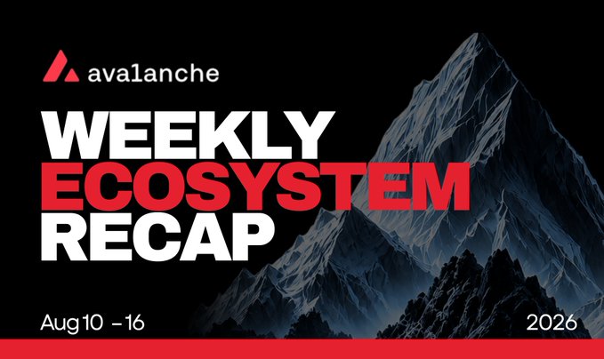A promotional banner for the 'Avalanche Weekly Ecosystem Recap' dated Aug 10–16, 2026, featuring the Avalanche logo and a dramatic black-and-white illustration of a snowy mountain peak.