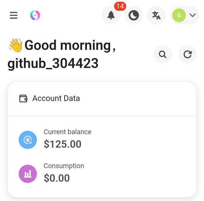The image shows a dashboard greeting "github_304423" with an "Account Data" section displaying a current balance of $125.00 and $0.00 in consumption, confirming the $125 in free AI credits mentioned in the post.