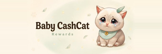 A logo or banner for 'Baby CashCat Rewards' featuring an adorable illustrated kitten with large teary eyes, wearing a green bib with a gold coin, sitting next to the text on a soft pastel background with falling leaves.
