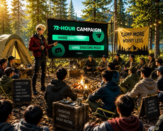The image shows a group of people gathered at a forest campsite with a presenter standing beside a large screen displaying "72-HOUR CAMPAIGN," "1000$ USDT POOL," and "UNIQ DISCORD ROLE," while a yellow banner reads "CAMP MORE WORRY LESS." The scene visually ties to the post by illustrating the MindoAI community campaign mentioned, capturing the outdoor, collaborative spirit of the $1,000 USDT prize event.