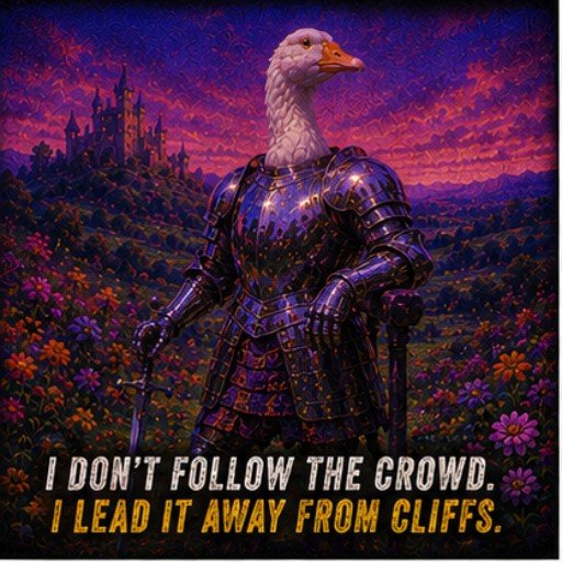 An AI-generated image of a goose in knight's armor standing in a flower field with a castle in the background, captioned: 'I DON'T FOLLOW THE CROWD. I LEAD IT AWAY FROM CLIFFS.'