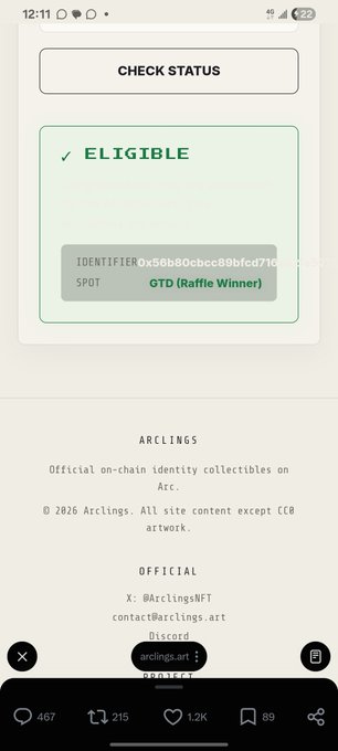 A mobile screenshot showing an 'ELIGIBLE' status for a 'GTD (Raffle Winner)' spot with the identifier '0x56b80cbcc89bfcd716...', displayed on the ARCLINGS NFT official platform.