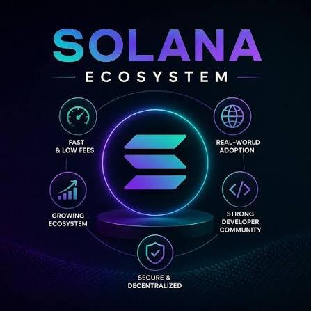 A 'Solana Ecosystem' infographic showing the Solana logo in the center surrounded by five feature highlights: Fast & Low Fees, Real-World Adoption, Growing Ecosystem, Strong Developer Community, and Secure & Decentralized.