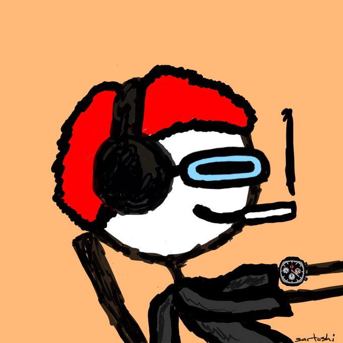 A sketch-style illustration of a character with red hair, headphones, and blue glasses smoking a cigarette, with a small circular logo watermark.